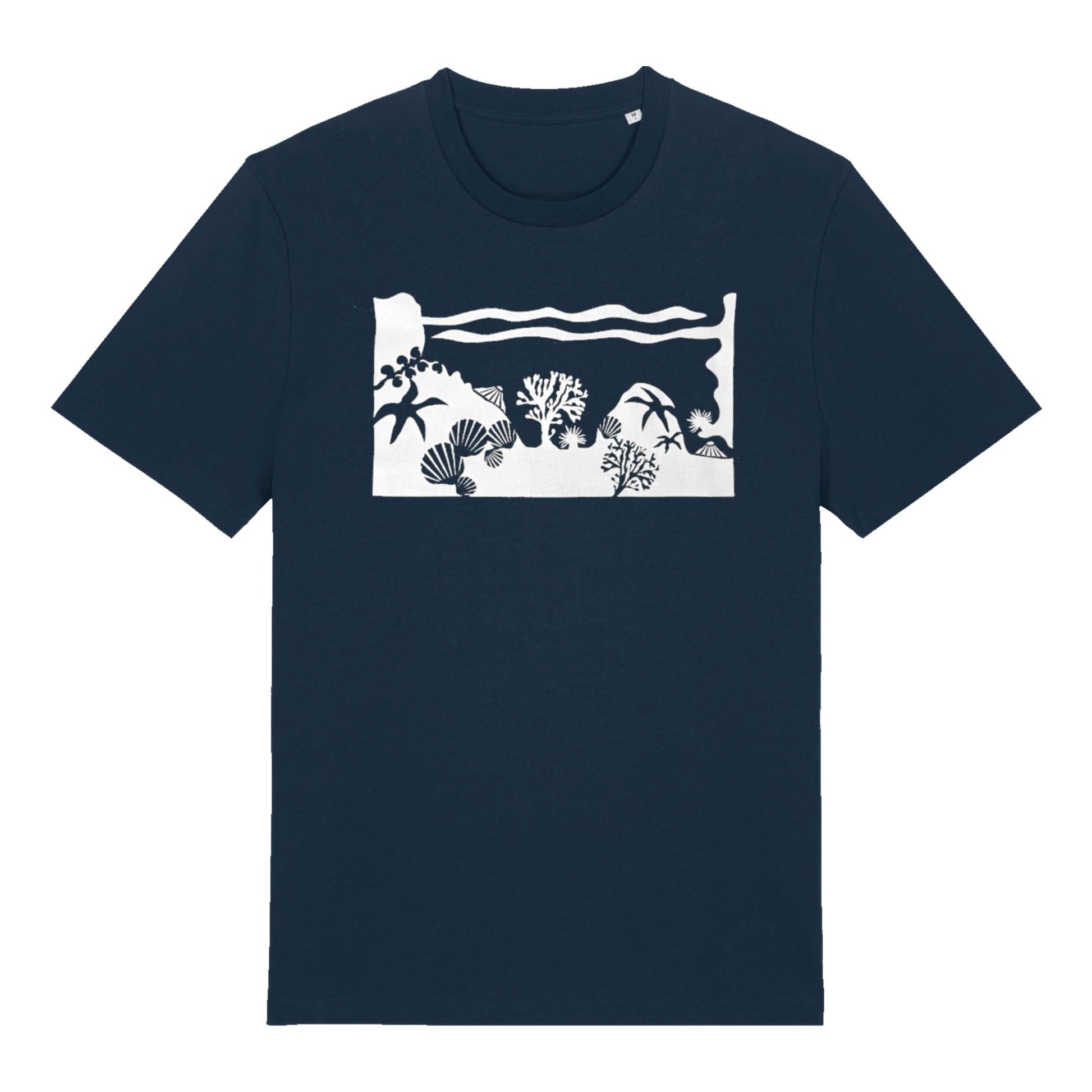 Navy Rockpool t-shirt by SeaNic — sustainable unisex organic cotton tee hand-printed in Devon, showing a coastal rockpool scene with starfish, seaweed and shells inspired by the Devon shoreline.