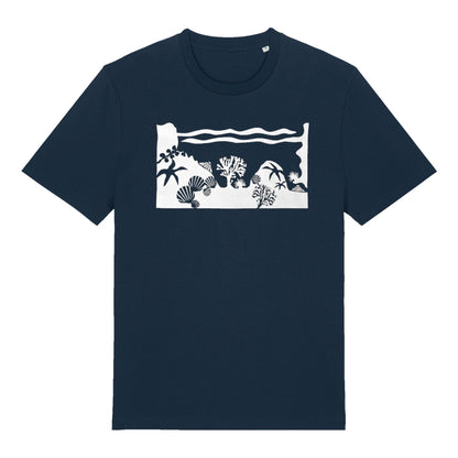 Navy Rockpool t-shirt by SeaNic — sustainable unisex organic cotton tee hand-printed in Devon, showing a coastal rockpool scene with starfish, seaweed and shells inspired by the Devon shoreline.